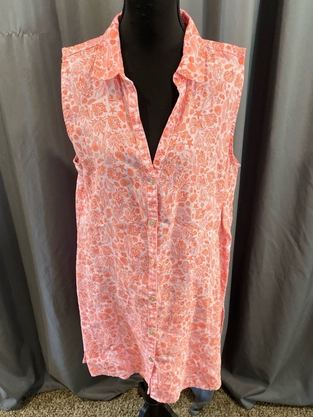 sigrid olsen 100% linen sleeveless ocean print shirt dress large